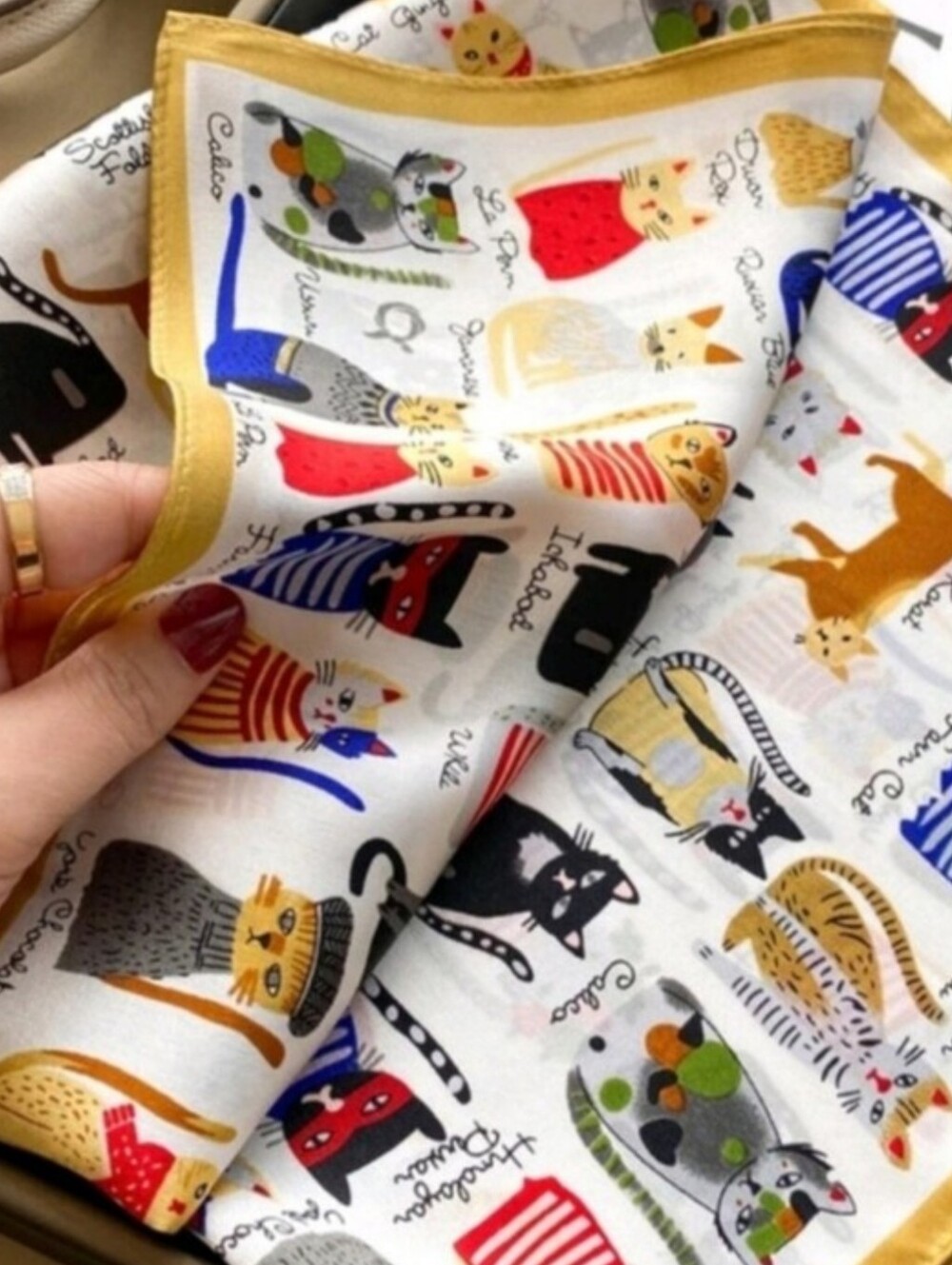 Cat Print Silk-Feel Scarf with Mustard Border - Picture 3 of 4